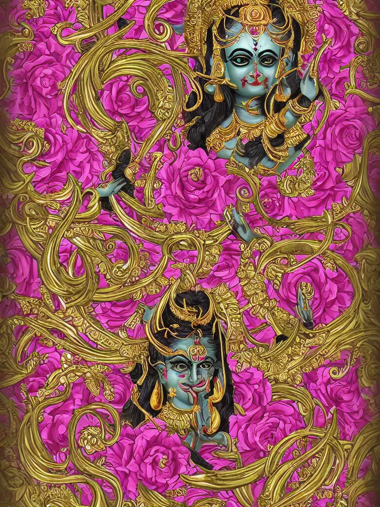 Prompt: beautiful decorative ornament with the goddess kali, decorative design, classical ornament, bilateral symmetry, roses, lilies, leaves, beautiful mature color palette