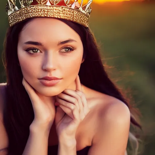 Image similar to an aesthetic beautiful female goddess wearing a crown in a relaxed pose head shot, sunset lighting