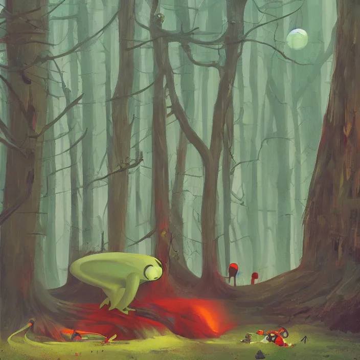Prompt: fat alien eating slugs in the forest, highly detailed, Edward Hopper and James Gilleard