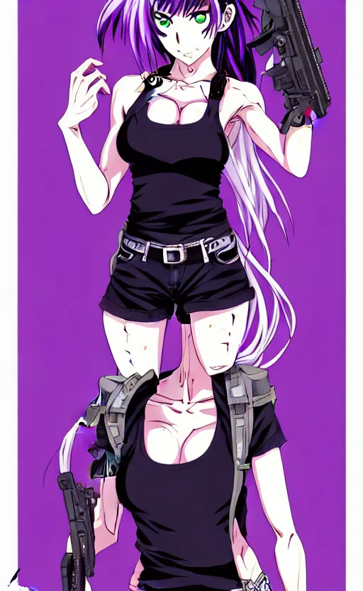 Image similar to style of madhouse studio anime, black lagoon manga, loish, artgerm, comic art, portrait of revy from black lagoon, symmetrical eyes and symmetrical face, jean shorts, white tank top, purple hair, sarcastic evil smirk on face, sky and ocean background