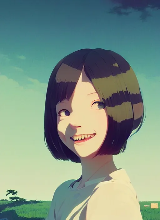 Image similar to portrait of a smiling girl by ilya kuvshinov, cloudy sky background lush landscape ln illustration concept art anime key visual trending pixiv by victo ngai fanbox by greg rutkowski makoto shinkai takashi takeuchi studio ghibli