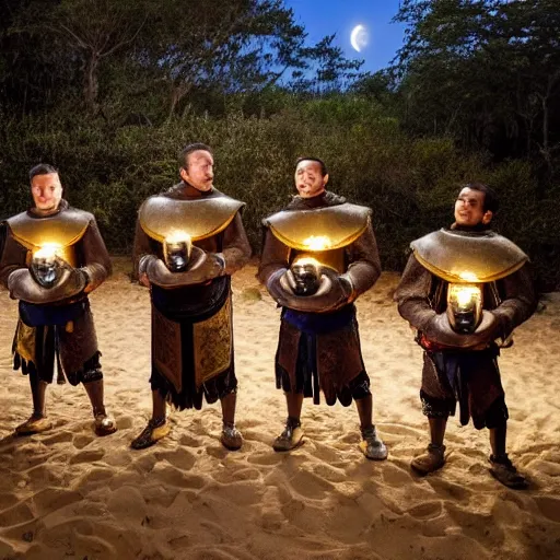 Prompt: A group of armoured Spanish conquistadors holding lanterns on a sandy beach Cove in middle of a magical forest in a dark night. Inca ruins in the background. Pale crescent moon in the sky. Award winning photography