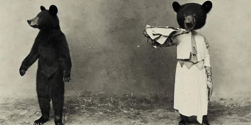 Image similar to anthropomorphic asian black bear in cosplay, 1900s photo