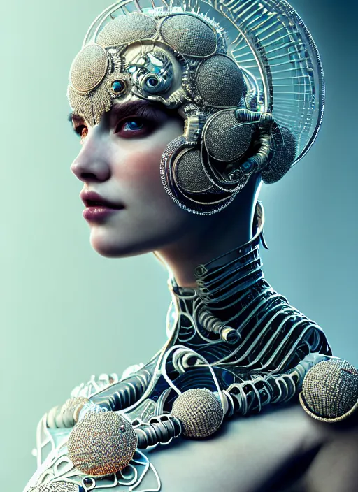 Image similar to portrait of an absurdly beautiful, graceful, sophisticated, fashionable cyberpunk mechanoid, hyperdetailed illustration by irakli nadar and alexandre ferra, intricate linework, white porcelain skin, faberge, coral headdress, unreal engine 5 highly rendered, global illumination, radiant light, detailed and intricate environment