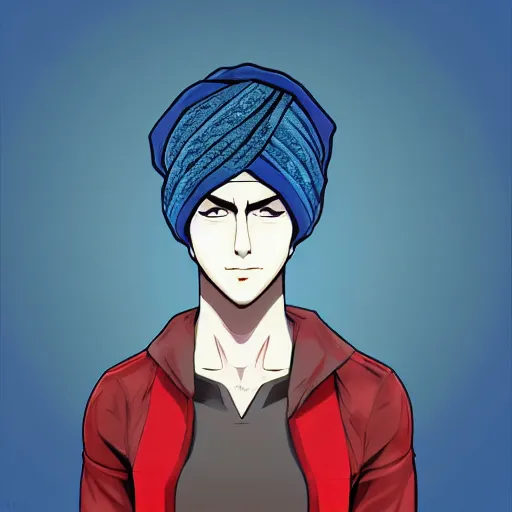 Image similar to A young man wearing a blue turban, beardless, shaven face, middle-eastern, in the style of Persona 5, Persona 5, Persona 5 artwork