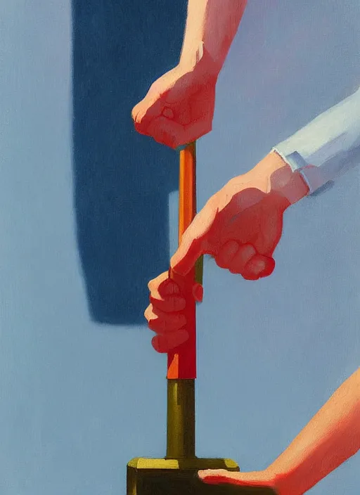 Image similar to three hands holding a hammer painted by Edward Hopper and James Gilleard