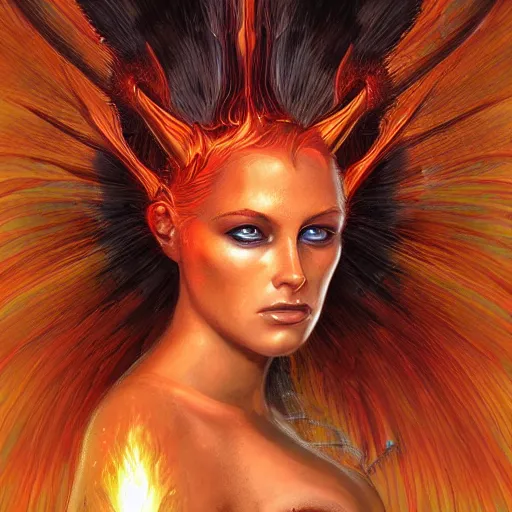 Prompt: A stunning portrait of a fire goddess by Jim Burns, fantasy, Trending on artstation.