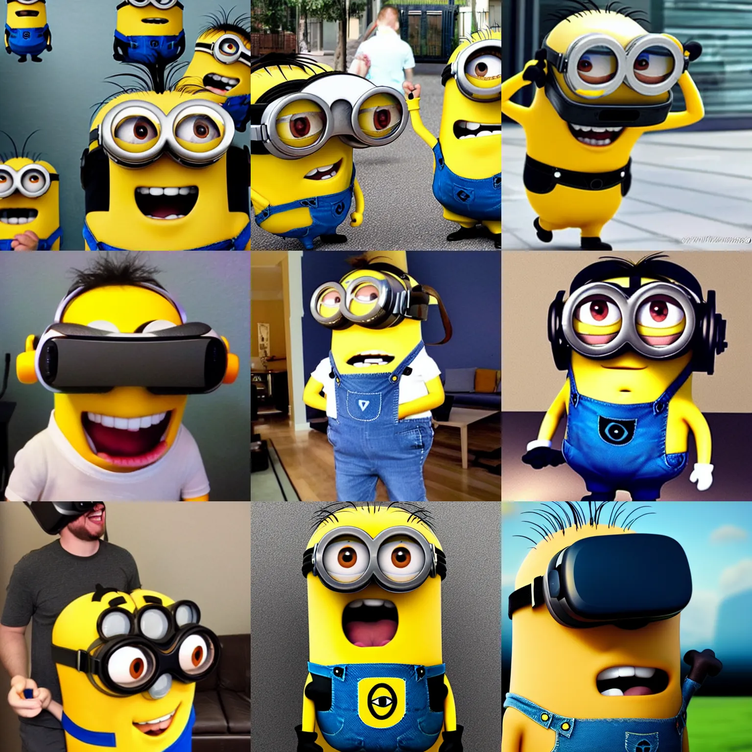 Prompt: minion wearing vr headset, funny, surprise, laughing