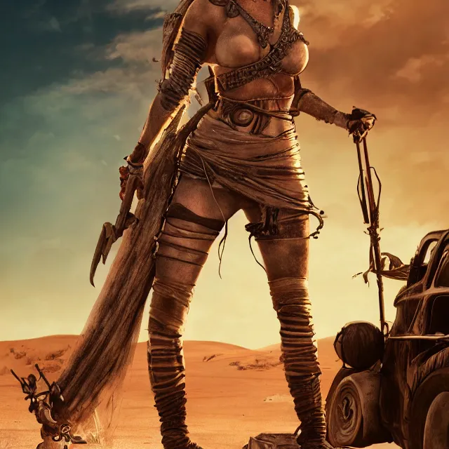 Prompt: woman warrior from mad max, sunny desert, gorgeous, elegant, young gravure idol, an ultrafine hyperdetailed illustration by kim jung gi, irakli nadar, intricate linework, bright colors, unreal engine 5 highly rendered, global illumination, radiant light, detailed and intricate environment