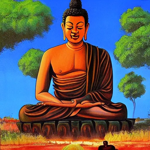 Image similar to contented peaceful south african!!! male!!! buddha, praying meditating, in a scenic environment, detailed, expressionist painting by ernie barnes and gerard sekoto