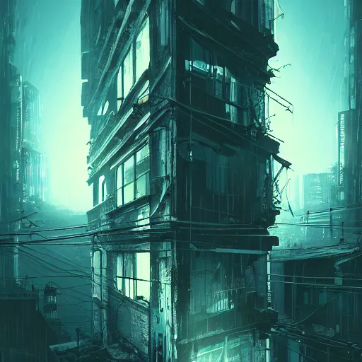 Image similar to One dilapidated building with only one window glowing. ArtStation, Cyberpunk, Vertical Symmetry, 8K, Highly Detailed, Intricate, Album Art.