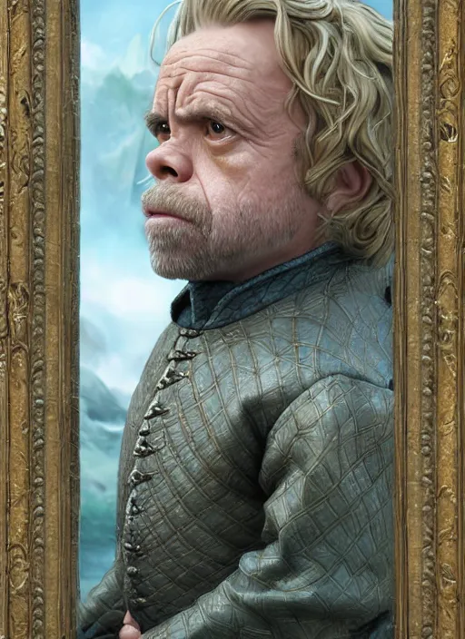 Prompt: portrait of warwick davis as tyrion lannister, with platinum blonde hair and green eyes, by anne stokes and larry elmore, smooth shaven face, lucian freud and drew struzan, detailed matte painting, realistic portrait, symmetrical, highly detailed, digital painting, artstation, concept art, smooth, sharp focus, illustration, cinematic lighting, 8 k resolution