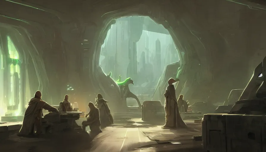 Image similar to Yoda hungover at the jedi council at coruscant, cloee-up shot, details, sharp focus, illustration, by Jordan Grimmer and greg rutkowski, Trending artstation, pixiv, digital Art