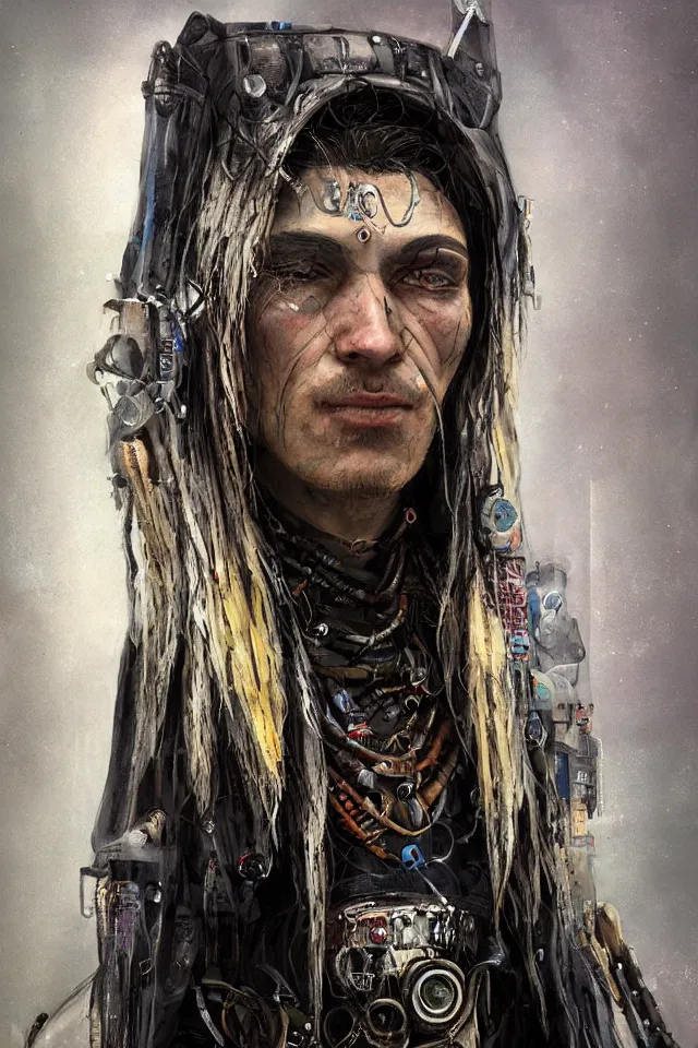 Prompt: portrait of a cyberpunk shaman by vitaly bulgarov