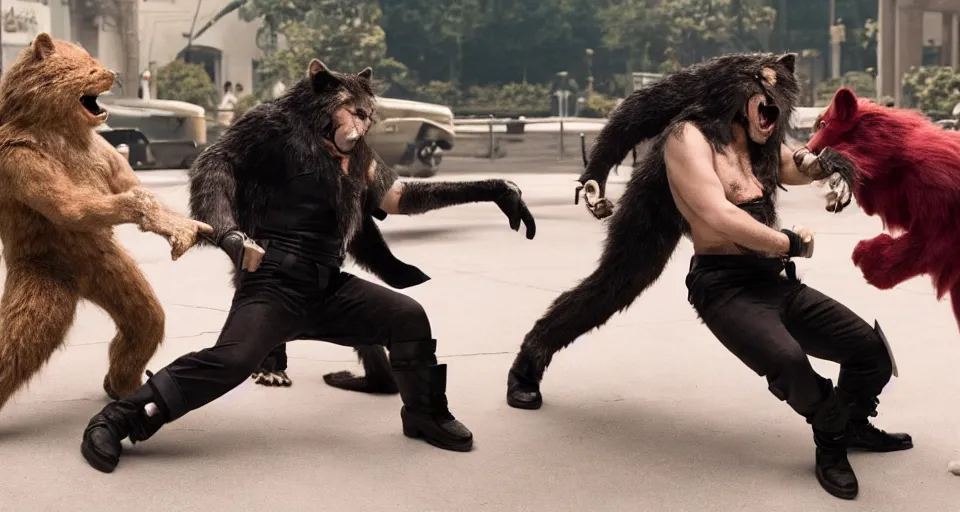 Prompt: still of nicolas cage beating up furry cosplayers, 4 k, 3 5 mm, choreographed fight scene, beautiful composition, shot by director park chan - wook