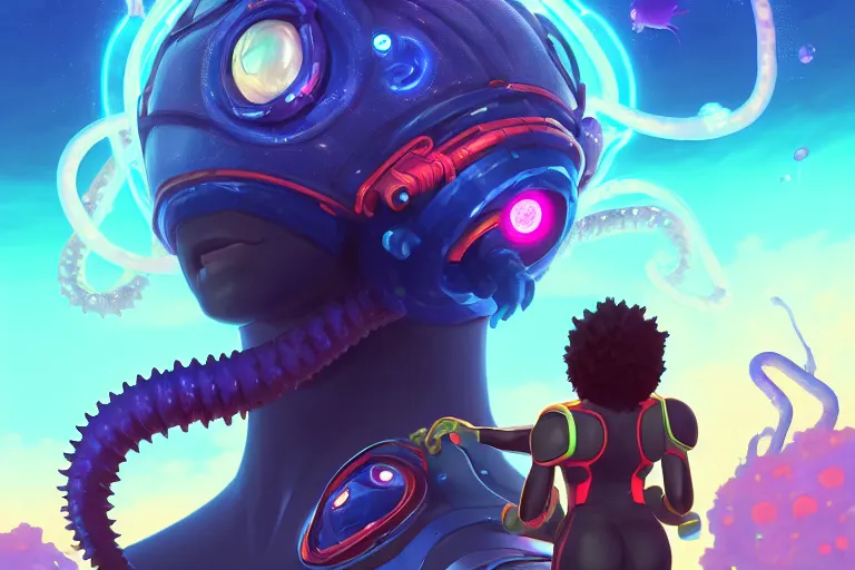 Image similar to afro - futurist scuba divers escaping a gigantic alien angler fish with glowing eyes, leviathan with tentacles | hyperrealistic digital painting by makoto shinkai, ilya kuvshinov, lois van baarle, rossdraws | afrofuturism in the style of hearthstone and overwatch, trending on artstation