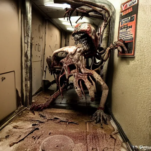 Image similar to disfigured necromorph being crawling in the spacecraft hallway, rusty and dirty interiors, highly realistic and intricate, dim lights