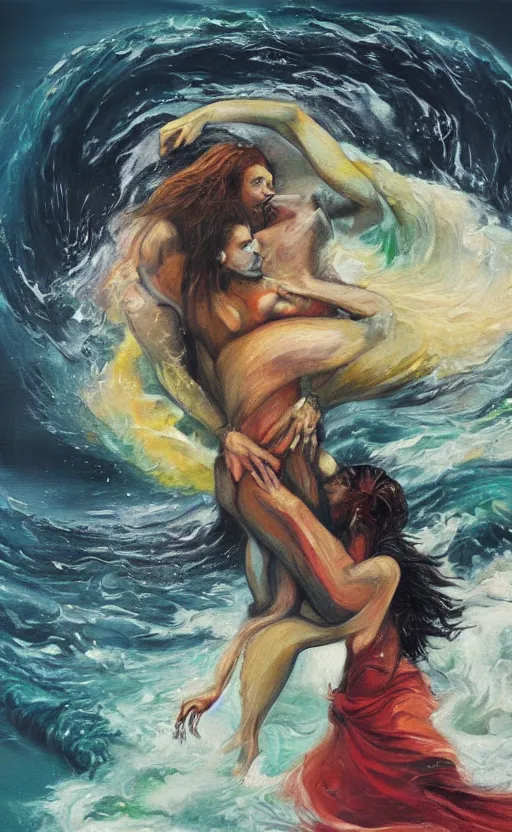 Prompt: amazing detailed abstract painting of a woman and a werewolf in a passionate embrace in a turbulent ocean, by francis bacon. hd. hq. trending on artstation