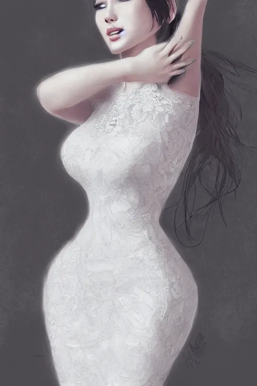 Prompt: Beauty in tight Wedding Dress with lace portrait by Artgerm and WLOP on pixiv