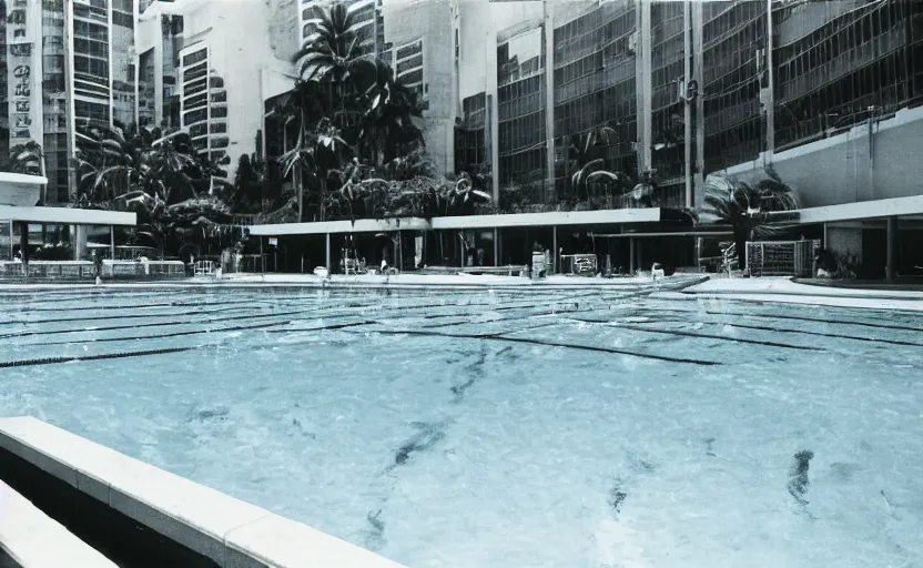 Prompt: 1 9 8 0 s vhs still of a us swimming pool, tropical plants, escalators, concrete, marble, glass, desolate, modernist, neon signs, grey, white, vapor wave