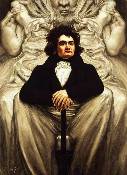 Prompt: highly detailed oil painting | very intricate | cinematic lighting | black, white and gold color scheme, dark background | the beast ludwig van beethoven in meditation | by roberto ferri, by gustav moreau, by singer sargent and klimt, american romanticism, occult art | by austin osman spare, artstation, cgsociety, official art, octane