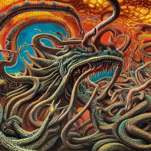 Prompt: a hyper - detailed high painting of giant heads joined by snakes, the heads are open they have spiked scales and sharp teeth, the mouth is open and monstrous beings of all kinds run and scream, psychedelic horror surreal art cosmic horror weird bizarre art