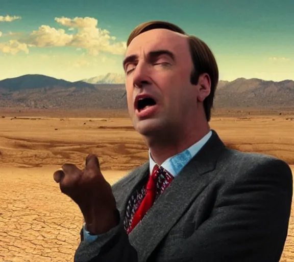 Prompt: saul goodman rapping in the desert, realistic, movie still