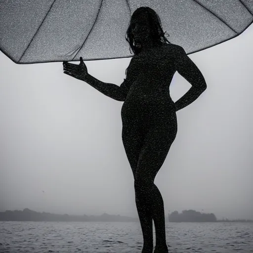Image similar to modern sculpture of a beautiful woman on the rain, on a lake, faith, full body, low angle, night, surrounded by smoke, shadows, award winning photography