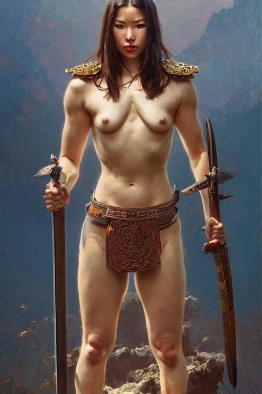 Image similar to full body portrait, thin muscular viking samurai woman, 6 pack ab, symmetrical beautiful face, relaxed pose. by stanley artgerm lau, greg rutkowski, thomas kindkade, alphonse mucha, loish, norman rockwell