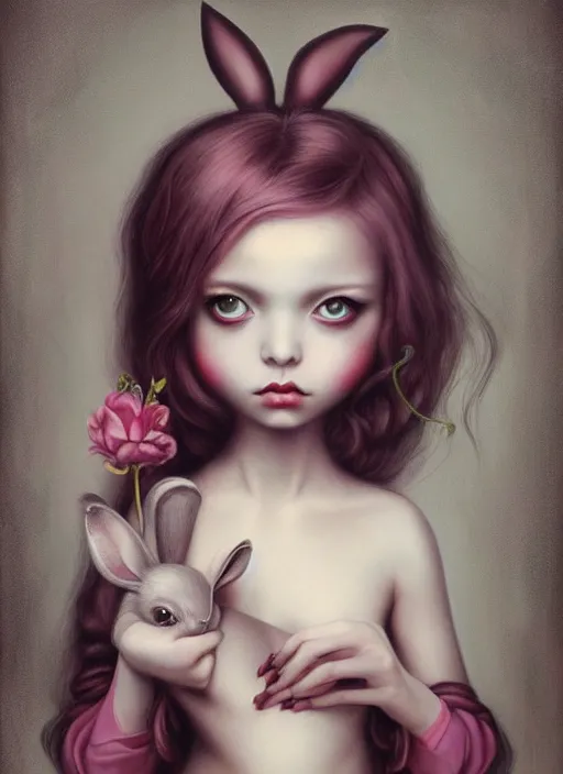 Image similar to pop surrealism, lowbrow art, realistic cute alice girl painting, holding bunny, hyper realism, muted colours, rococo, natalie shau, loreta lux, tom bagshaw, mark ryden, trevor brown style,