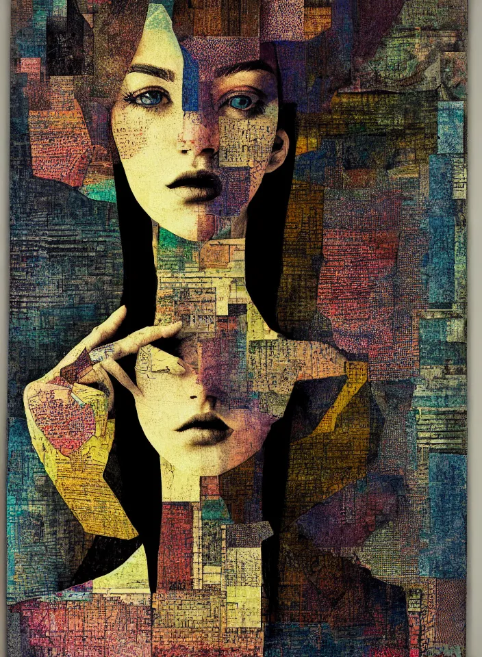 Prompt: symmetry!! a portrait of a beautiful girl with computer science readouts and graphics overlaid textures, detailed analogue mixed media collage with canvas texture in the style of contemporary art complex, dramatic lighting, intricate, highly detailed, sharp focus, luminous