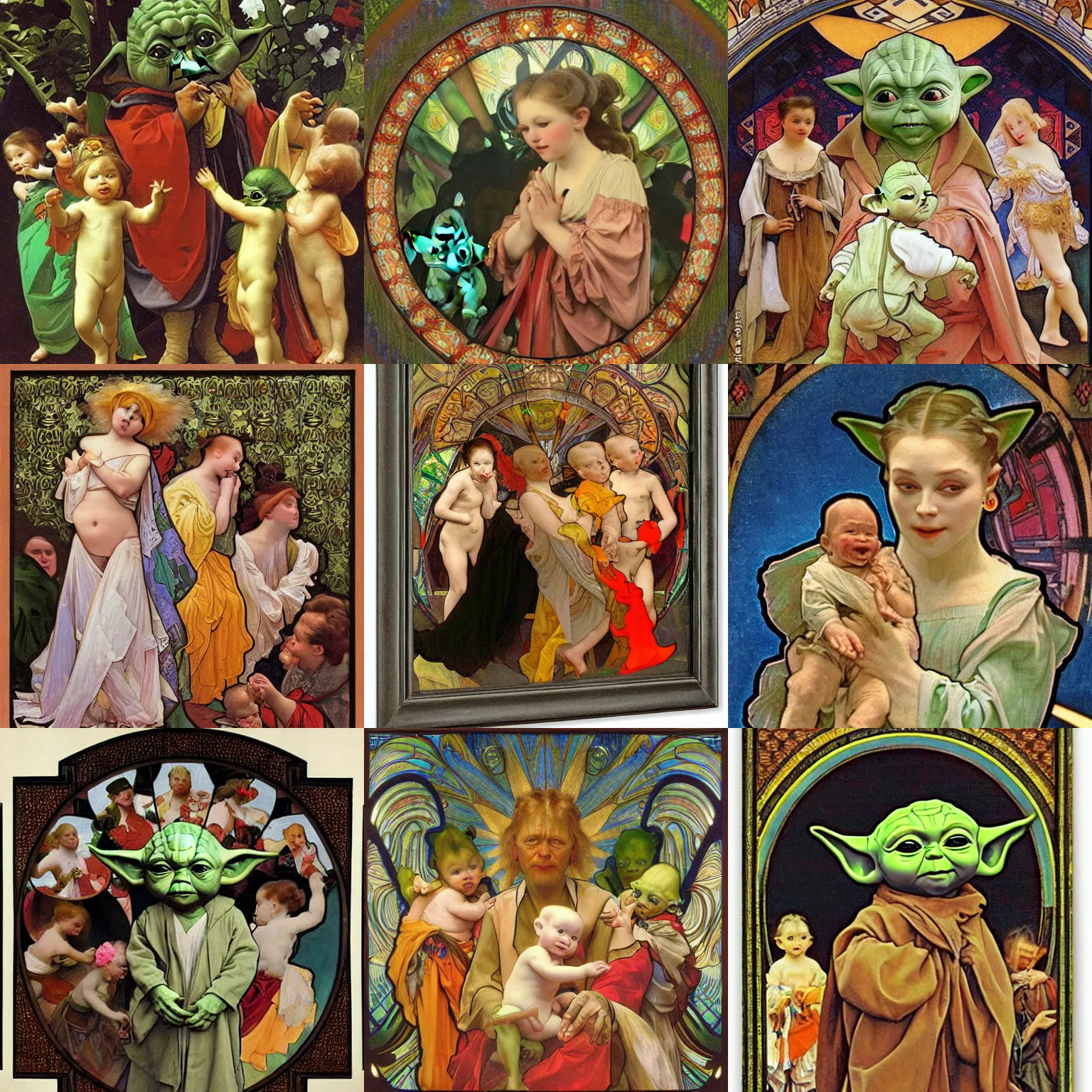 Prompt: confused baby yoda surrounded by dancers, by Jan van Eyck, by alphonse mucha