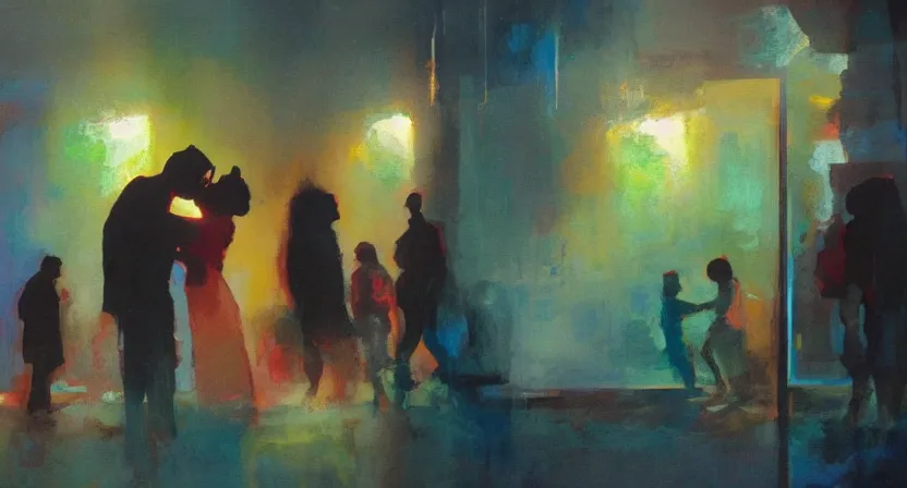 Image similar to people kissing, artwork by salman toor, cinematic light, atmospheric effects