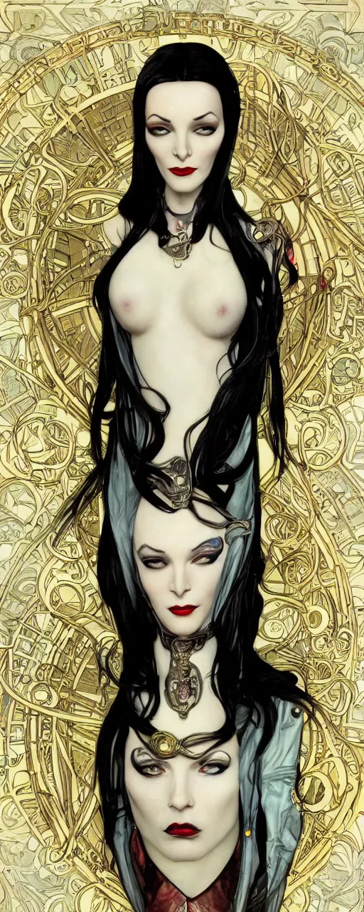 Image similar to beautiful enticing cyberpunk art nouveau style portrait of morticia adams as a chic street soldier by chris achilleos, moebius, olivia de bernardinis and alphonse mucha, photorealism, extremely hyperdetailed, perfect symmetrical facial features, perfect anatomy, ornate declotage, latex, weapon, high technical detail, confident expression, wry smile