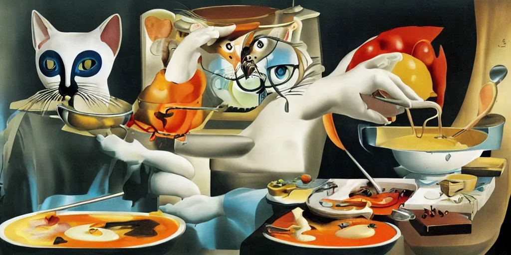 Image similar to anthropomorphic cats chef cooking a delicious colorful soup on TV show, by Salvador Dali