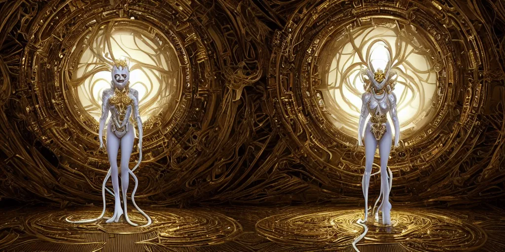 Prompt: a photo of 8k ultra realistic corrupted lovecraftian white golden humanoid queen standing next to a spaceship window overlooking earth, 8 intricate white and gold tentacles, ornate white and gold armour, white floor, cinematic lighting, trending on artstation, 4k, hyperrealistic, focused, extreme details, unreal engine 5, cinematic, masterpiece