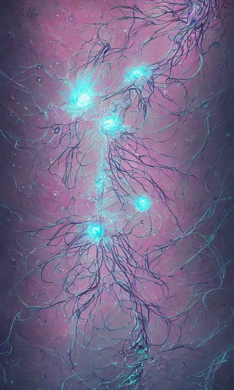 Prompt: internal lymphocyte virion rawandrendered synaptic fractality transmission embryonic beholder glial neurons cyberpunk nerve cells microscopic plankton by wojtekfus facey rossdraws. neuronal iridescent neuron synapse by beksinski. # imaginativerealism