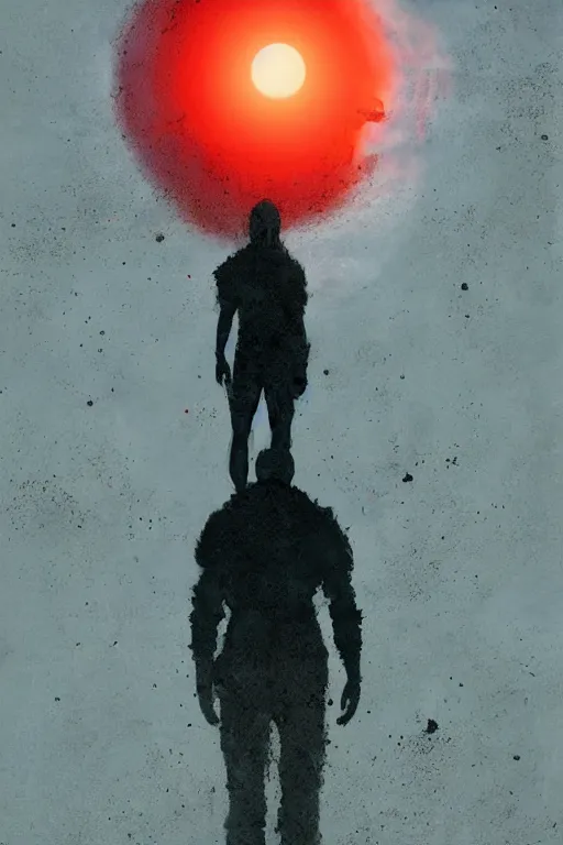 Image similar to random metal pieces forming the shape of a person silhouetted by a red sun, smooth, sharp focus, 24mm lens, DOF, hyper realistic, art by Artem Demura and Greg Rutkowski and Ruan Jia and Norman Rockwell