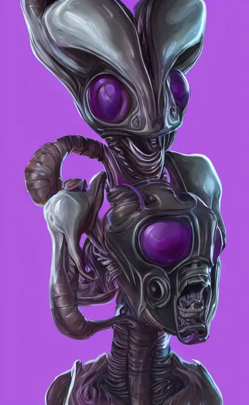 Image similar to character portrait art, ant alien, trending in artstation, purple color lighting