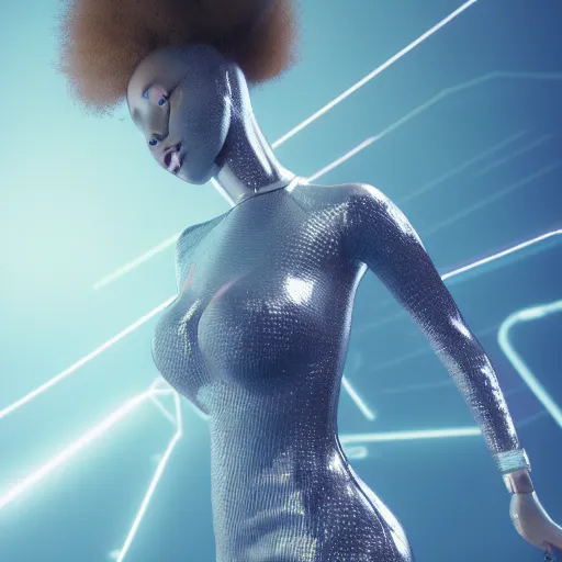 Prompt: light skinned woman with afro, anime, with design sense of electroplating material, fighting pose in short silver and blue space dress, cyber punk, realistic, lighting effects, particles, octanerender