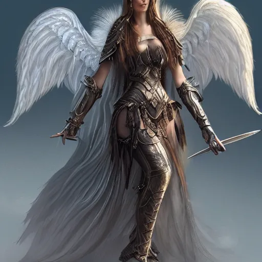 Prompt: beautiful young aasimar angel valkyrie warrior girl maiden wearing comfy leather armor with beautiful feathered angel wings, blue eyes, beautiful face, Alessandra Ambrosio, Natalie Portman, Emily Ratajkowski, innocent, intricate, elegant, highly detailed, ultradetailed, hyperdetailed, artstation, concept art, smooth, sharp focus, illustration, by Mark Arian and Dorothy Lathrop and Steve Henderson