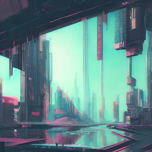 Image similar to beautiful japanese cyberpunk futuristic landscape painting, teal and pink, matte painting, depth of field, by tuomas korpi, trending on artstation