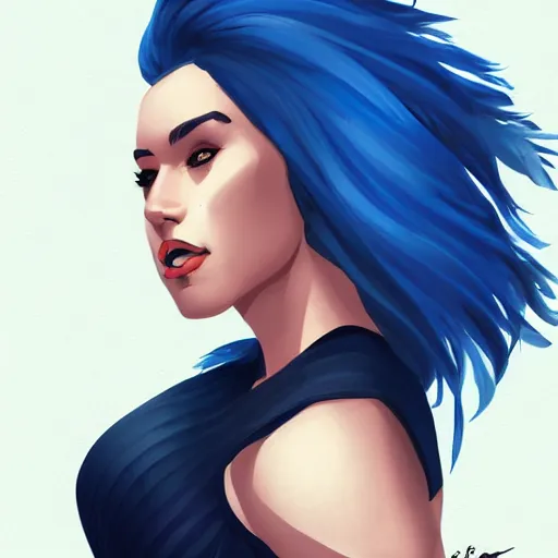 Image similar to a stunning upper body portrait of a beautiful woman with navy blue hair blowing in the wind by marvel comics, digital art, trending on artstation