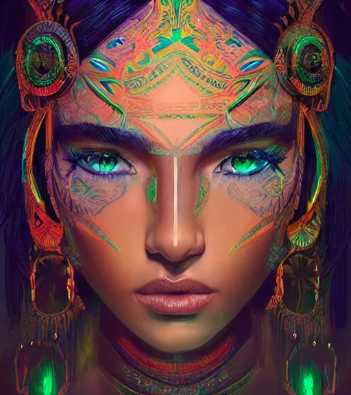 Image similar to beautiful intricate exquisite mayan princess realistic face, beautiful eyes, neon colors, drawing, in the style of greg rutkowski, fantasy, amazing detail, epic, intricate, elegant, smooth, sharp focus