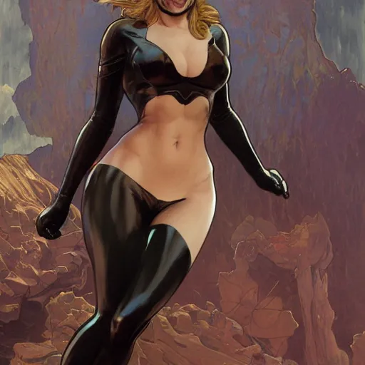 Image similar to Erin Moriarty as Cat Woman, highly detailed, digital painting, artstation, concept art, smooth, sharp focus, illustration, ArtStation, art by artgerm and greg rutkowski and alphonse mucha and J. C. Leyendecker and Edmund Blair Leighton and Katsuhiro Otomo and Geof Darrow and Phil hale and Ashley wood and Ilya repin and Charlie Bowater