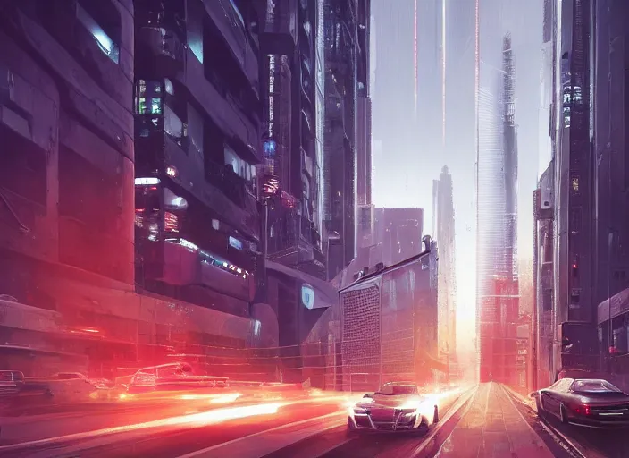 Image similar to a car driving down a street next to tall buildings, cyberpunk art by Vincent Lefevre, cgsociety, retrofuturism, matte painting, reimagined by industrial light and magic