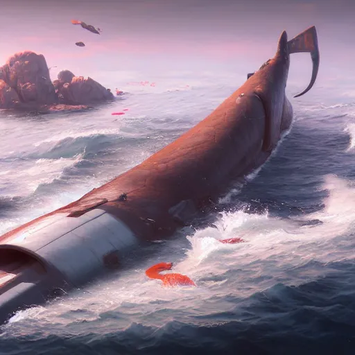 Prompt: subsurface scattering, white, giant submarine, koi colors, anti koi, octane render, jesper ejsing, justin gerard, james jean, tomasz alen kopera, cgsociety, fenghua zhong, makoto shinkai, highly detailed, rim light, art, cinematic lighting, very coherent, hyper realism, 8 k