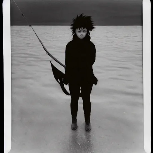 Prompt: black - haired girl with wild spiky black saiyan hair with long bangs over her eyes, hair covering eyes, tail behind her, [ tail!!!!!!!!! ], wearing casual clothing, standing on an alaskan fishing vessel, mekoryuk, alaska, 1 9 6 5, polaroid, kodachrome, grainy photograph