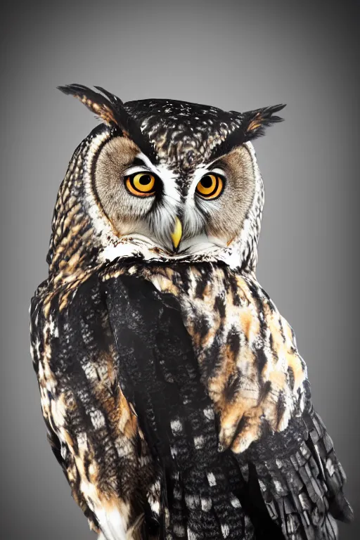 Image similar to cute owl wearing black biker jacket, portrait photo, backlit, studio photo, background colorful