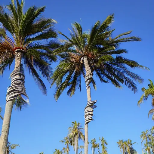 Image similar to twisted palm trees, detached trunks floating floating floating in blue sky, random positions floating, flying